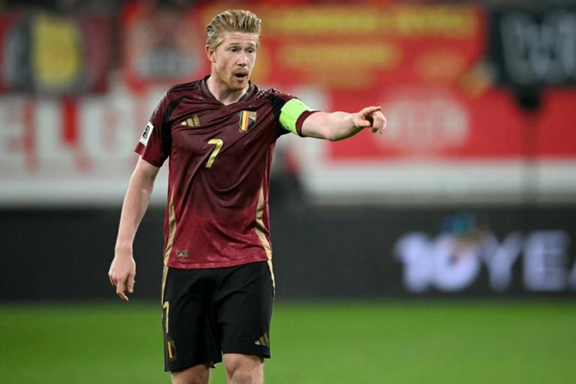 Belgium's midfielder #07 Kevin De Bruyne reacts during the FIFA World Cup 2026 Group J European qualification football match between Belgium and North Macedonia at the Planet Group Arena in Ghent, on October 10, 2025.  NICOLAS TUCAT / AFP