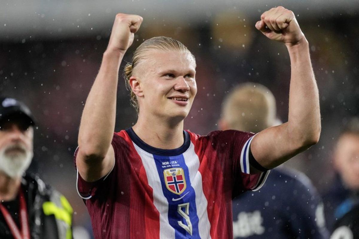 Norway's forward #09 Erling Braut Haaland celebrates after the 2026 FIFA World Cup Qualifying Group I football match between Norway and Italy at the Ullevaal Stadium in Oslo on June 6, 2025.  Cornelius Poppe / NTB / AFP
