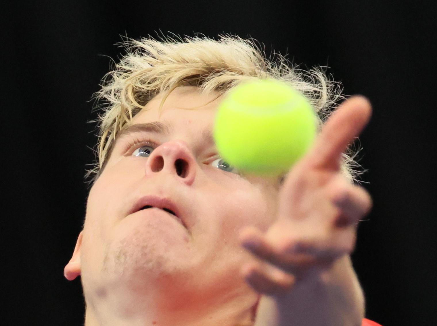 Belgian Alexander Blockx pictured during a game between Belgian Blockx and Chilean Garin, the second match in the Davis Cup qualifiers World Group tennis meeting between Belgium and Chile, Saturday 01 February 2025, in Hasselt. BELGA PHOTO BENOIT DOPPAGNE