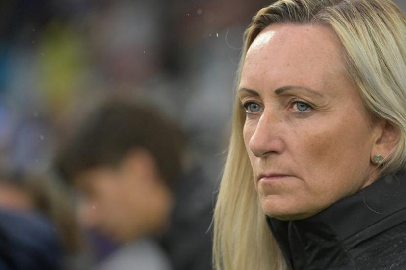 Belgium's coach Elisabet Gunnarsdottir lookson before the UEFA Women's Euro 2025 Group B football match between Spain and Belgium at the Arena Thun stadium in Thun on July 7, 2025.  Miguel MEDINA / AFP