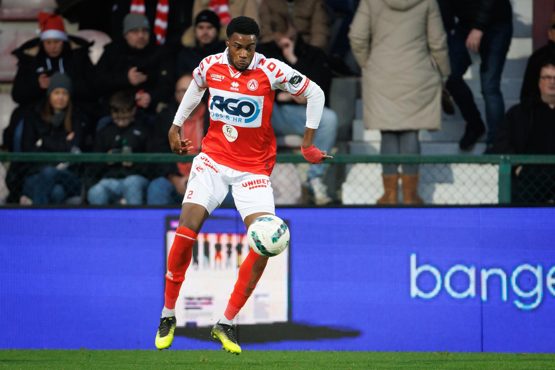 Kortrijk's Ryan Alebiosu pictured in action during a soccer match between KV Kortrijk and Sporting Charleroi, Thursday 26 December 2024 in Kortrijk, on day 20 of the 2024-2025 season of the 'Jupiler Pro League' first division of the Belgian championship. The competition was re-baptised 'Younited Pro League' for the games of matchweek 20, to shine a light on the Younited Belgium charity. BELGA PHOTO KURT DESPLENTER