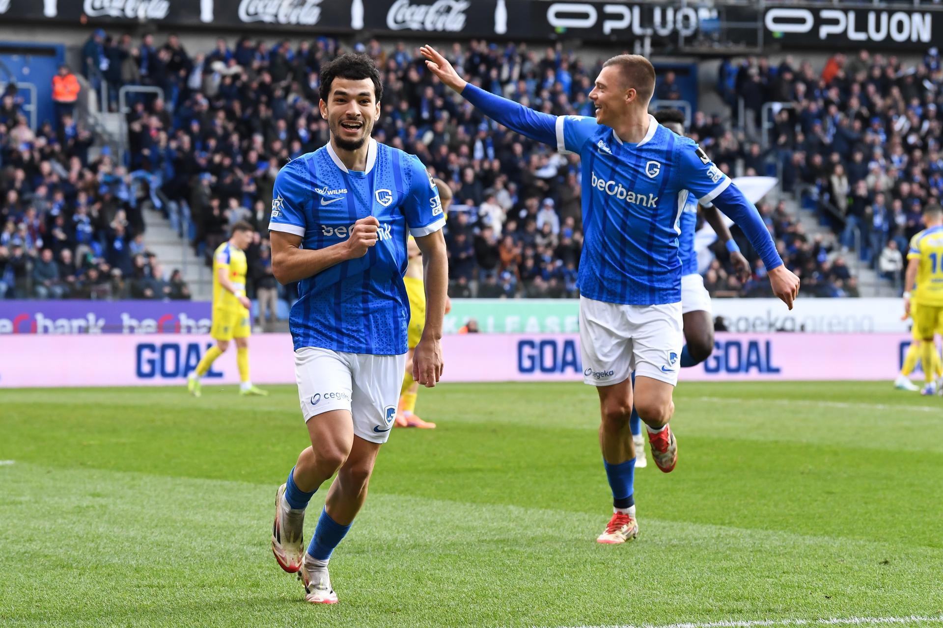 Genk's Zakaria El Ouahdi celebrates after scoring during a soccer match between KRC Genk and Sint-Truidense VV, Sunday 15 March 2026 in Genk, on day 29 of the 2025-2026 'Jupiler Pro League' first division of the Belgian championship. BELGA PHOTO JILL DELSAUX