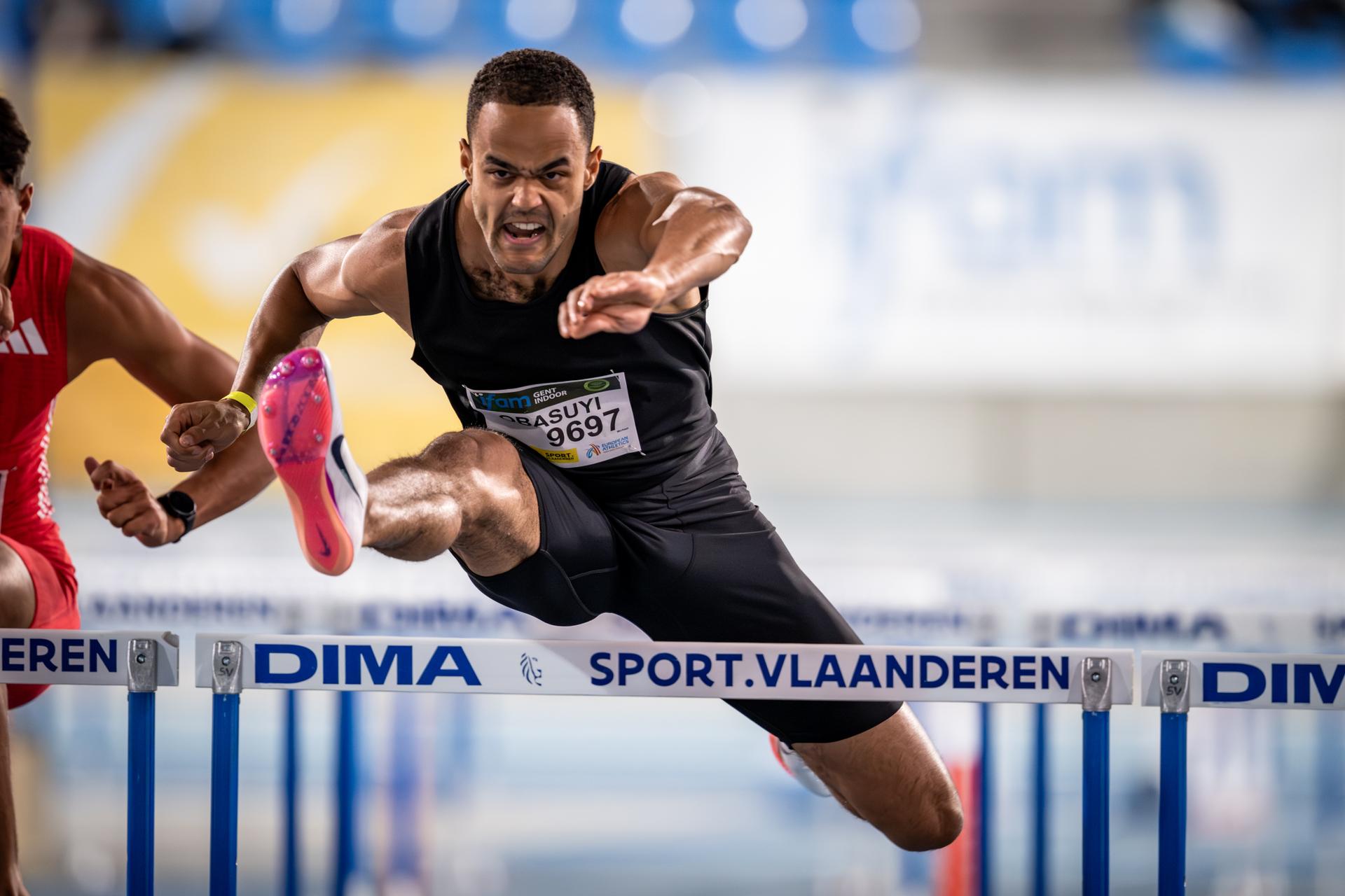 Belgian Michael Obasuyi pictured in action during the men's 60m hurdles, at the IFAM Indoor, IAAF World Indoor Tour Athletics Meeting, Saturday 31 January 2026 in Gent. BELGA PHOTO DAVID PINTENS