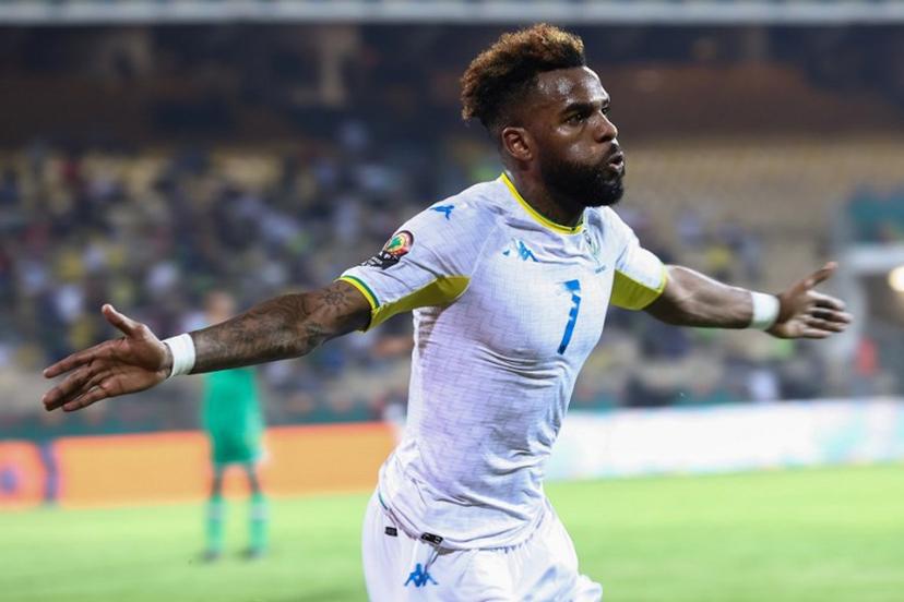Gabon's forward Aaron Boupendza celebrates scoring his team's first goal during the Group C Africa Cup of Nations (CAN) 2021 football match between Comoros and Gabon at Stade Ahmadou Ahidjo in Yaounde on January 10, 2022.  KENZO TRIBOUILLARD / AFP