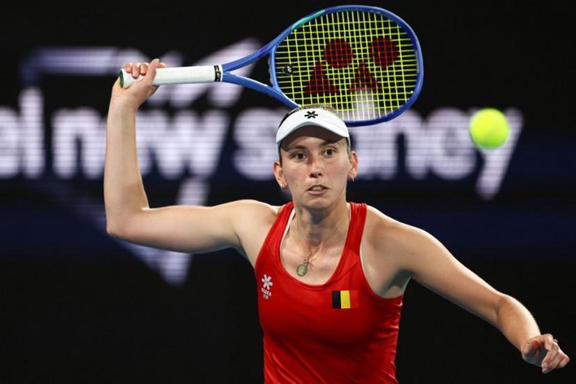 Belgium's Elise Mertens hits a return to Czech Republic's Barbora Krejcikova during their women's singles quarter-final match at the United Cup tennis tournament at Ken Rosewall Arena in Sydney on January 8, 2026.  Izhar KHAN / AFP