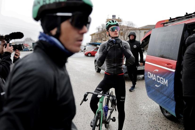 Decathlon-CMA CGM's French rider Paul Seixas (C) prepares for a training session on the roads in Southern Spain near Granada on February 6, 2026.  French cycling prodigy Paul Seixas trains as he prepares for his second elite season, aiming to rival the world's best. Thomas COEX / AFP