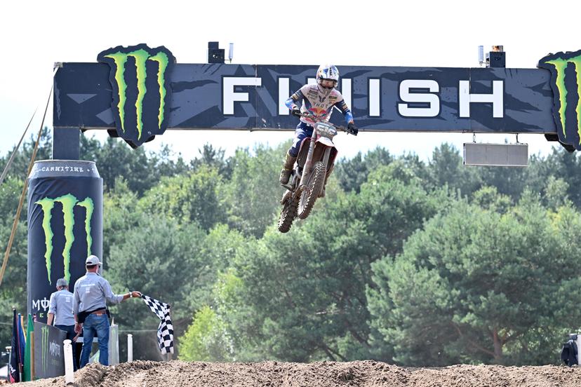 German Simon Langenfelder celebrates winning the second race, at the MX2 race at the motocross MXGP Grand Prix Flanders event, race 14/20 of the FIM Motocross World Championship, Sunday 28 July 2024 in Lommel. BELGA PHOTO MAARTEN STRAETEMANS