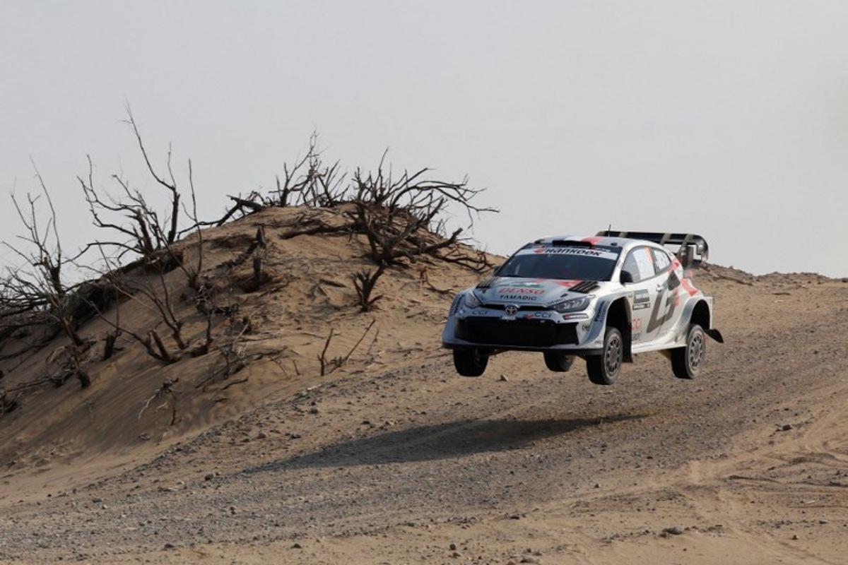 French driver Sebastien Ogier and his French co-driver Vincent Landais compete in their Toyota GR Yaris during stage 5 of the FIA World Rally Championship (WRC) in Jeddah on November 27, 2025.  Fayez Nureldine / AFP