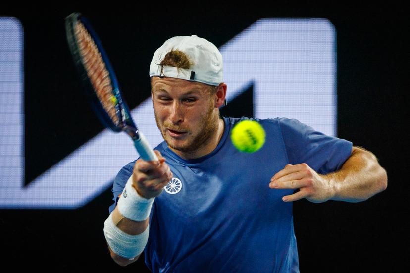 Belgian Gauthier Onclin pictured in action during a men's singles first round game between Belgian Onclin and American Opelka, at the 'Australian Open' Grand Slam tennis tournament, Sunday 12 January 2025 in Melbourne Park, Melbourne, Australia. The 2025 edition of the Australian Grand Slam takes place from January 12th to January 26th. BELGA PHOTO PATRICK HAMILTON