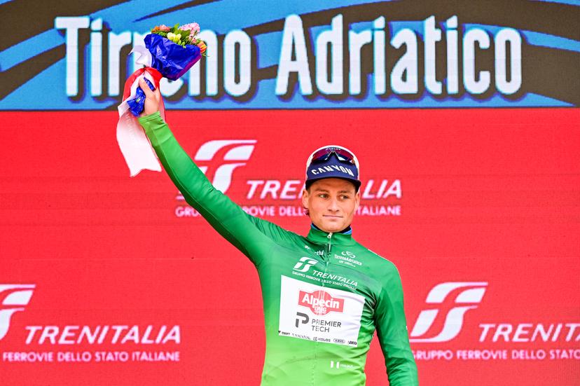 Dutch Mathieu van der Poel of Alpecin-Premier Tech celebrates on the podium in the green points jersey the second stage of the Tirreno-Adriatico cycling race, from Camaiore to San Gimignano (206 km), Italy, Tuesday 10 March 2026. BELGA PHOTO DIRK WAEM
