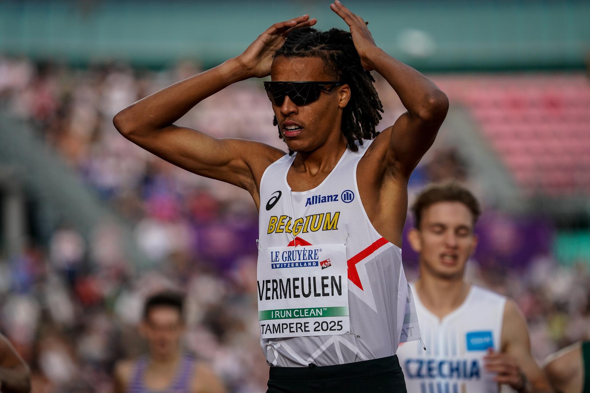 Elliot Vermeulen pictured before the 1500m at the European Athletics U20 Championships, in Tampere, Finland, Sunday 10 August 2025. The European U20 championships take place from 07 to 10 August.  BELGA PHOTO COEN SCHILDERMAN