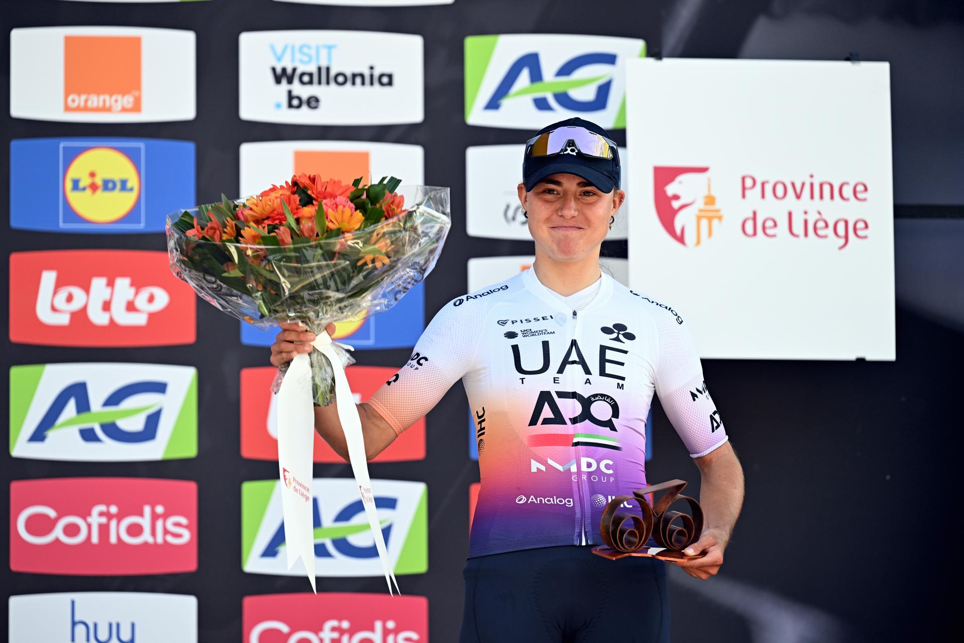 Spanish Paula Blasi of UAE Team ADQ pictured on the podium after the women's race of the 'La Fleche Wallonne', one day cycling race (Waalse Pijl - Walloon Arrow), 148,2 km from Huy to Huy, Wednesday 22 April 2026. BELGA PHOTO DAVID PINTENS