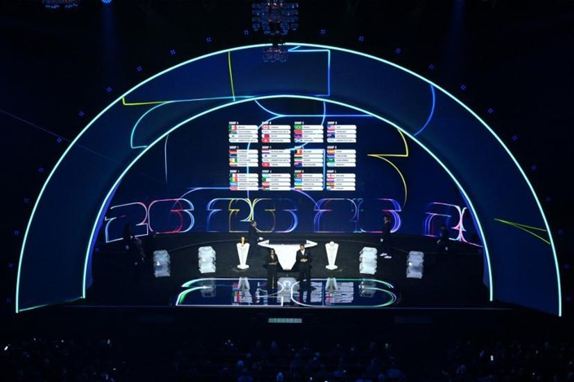 A picture shows groups A, B, C, D, E, F, G, H, I, J, K and L during the draw for the 2026 FIFA Football World Cup taking place in the US, Canada and Mexico, at the Kennedy Center, in Washington, DC, on December 5, 2025.  Roberto SCHMIDT / AFP