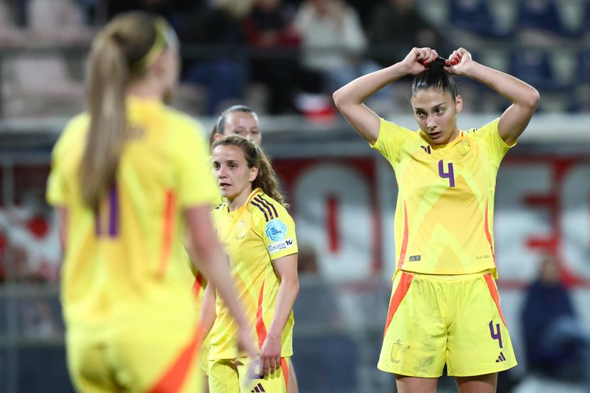Belgium's Amber Tysiak reacts during a soccer game between the national teams of Belgium (Red Flames) and England, on the fourth matchday in group A3 of the 2024-25 Women's Nations League competition, on Tuesday 08 April 2025 in Heverlee, Leuven. BELGA PHOTO BRUNO FAHY