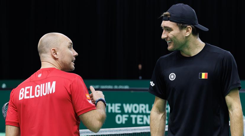 Belgian captain Steve Darcis and Belgian Raphael Collignon pictured during a training practice in Bologna, Italy, on Thursday 20 November 2025. Belgium will compete Italy in the semi finals of the Davis Cup top eight Finals, taking place in Bologna from November 18 to 23. BELGA PHOTO BENOIT DOPPAGNE