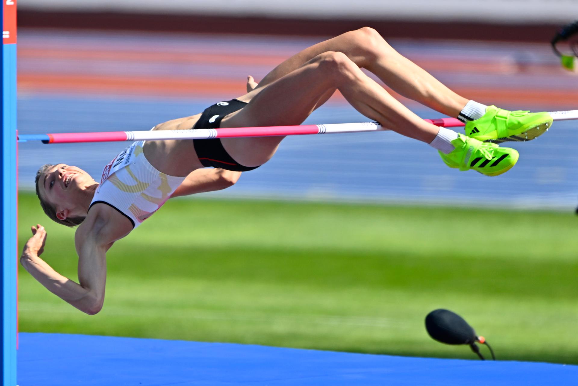 Belgian Merel Maes pictured during  the women High Jump qualification, on the fourth day of the European Athletics Championships (August 10-18) in Birmingham, United Kingdom, on Thursday 13 August 2026. BELGA PHOTO ERIC LALMAND