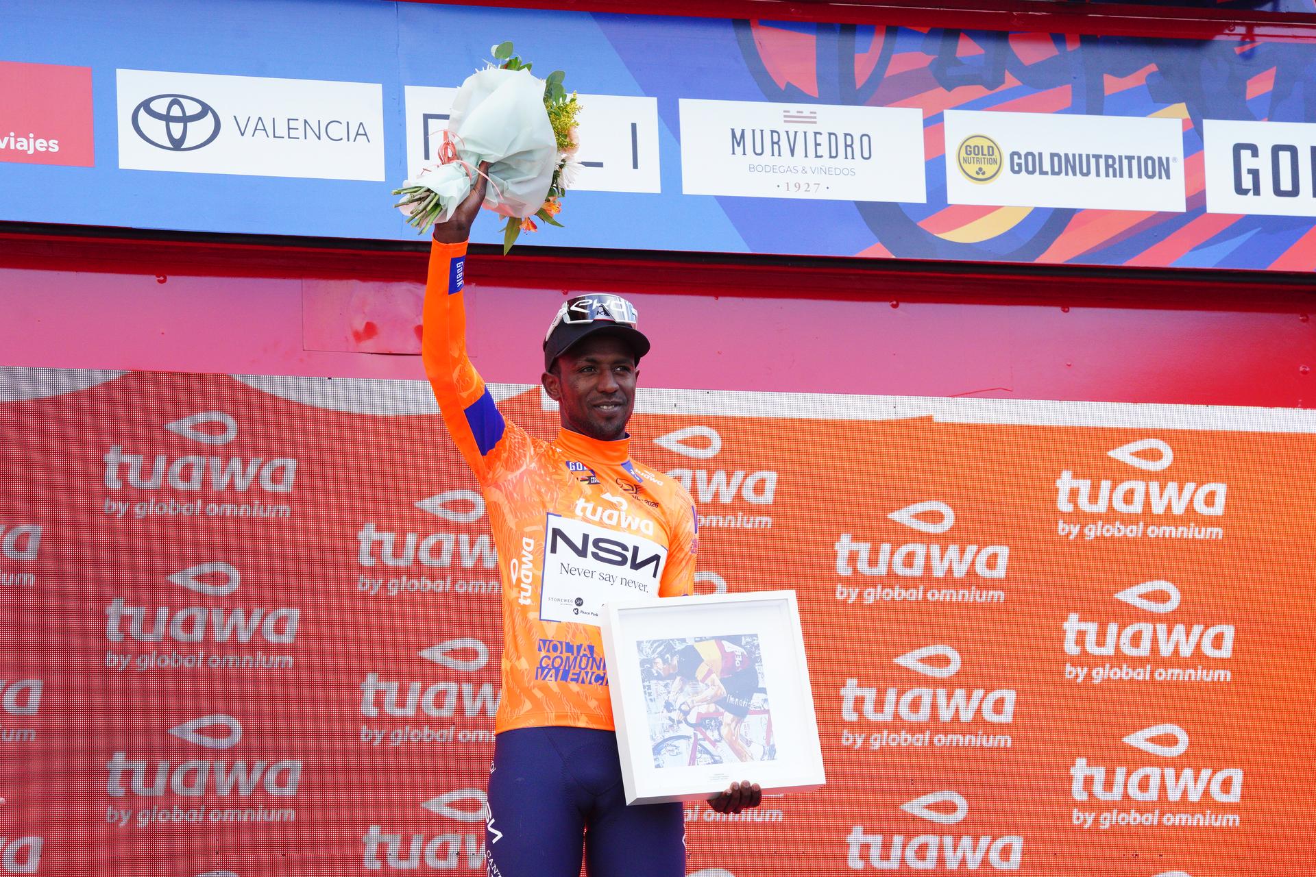Eritrean Biniam Girmay of NSN Cycling Team celebrates on the podium after the final stage of the 2026 Volta Comunitat Valenciana, Tour of Valencia cycling race, a race from Betera to Valencia (93,8 km), on Sunday 08 February 2026 in Spain. The race takes place from 4 to 8 February and runs through the three provinces of the Valencian Community. BELGA PHOTO JOMA GARCIA