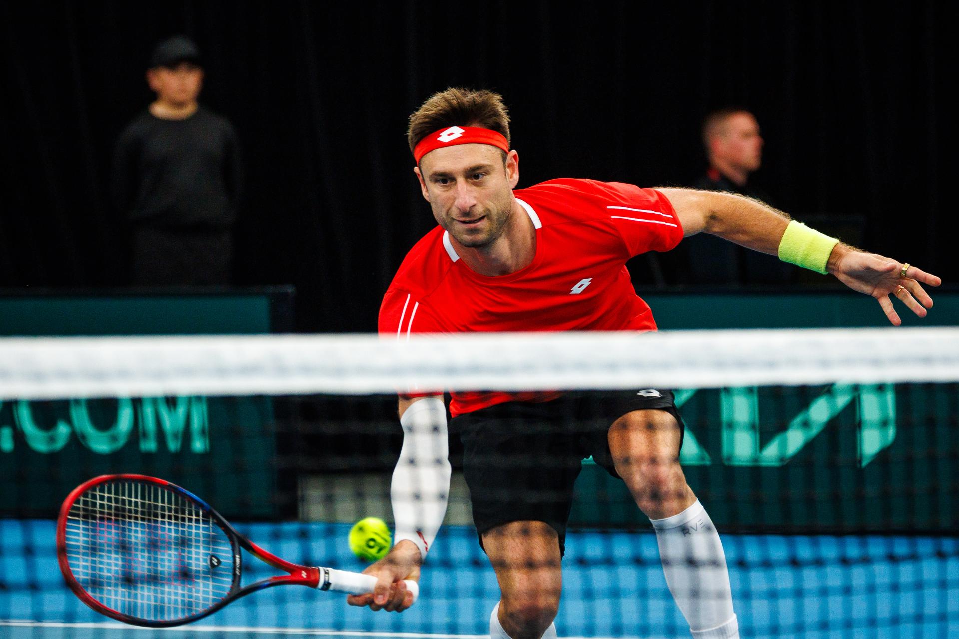 Belgian Sander Gille pictured in action duringa a tennis match between Belgian Vliegen/Gille and Australian Hijikata/Thompson, during the qualifier of the Davis Cup, Sunday 14 September 2025, in Sydney, Australia. Belgium and Australia will compete this weekend in the second round of the Davis Cup qualifiers. BELGA PHOTO PATRICK HAMILTON
