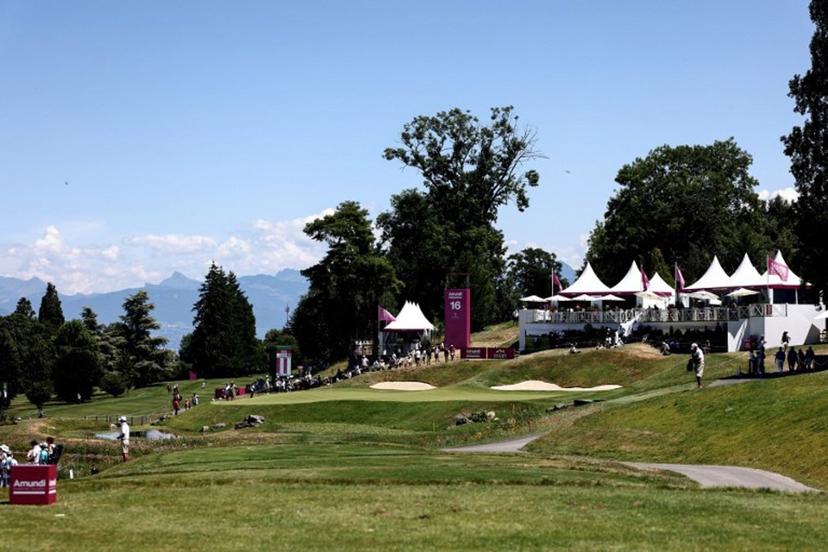 This photograph shows a general vieu of the 16th hole during the third round of the Amundi Evian Championship at Evian Resort Golf Club, in Evian-Les-Bains, eastern France on July 12, 2025.  Alex MARTIN / AFP