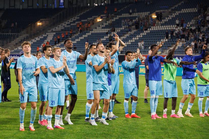 Gent's player celebrate after winning a soccer game between Belgian KAA Gent and Ukrainian FC LNZ Cherkasy, Thursday 30 July 2026 in Gent, the return leg of the second qualifying round for the UEFA Conference League. The first leg ended in a 0-0 draw. BELGA PHOTO KURT DESPLENTER