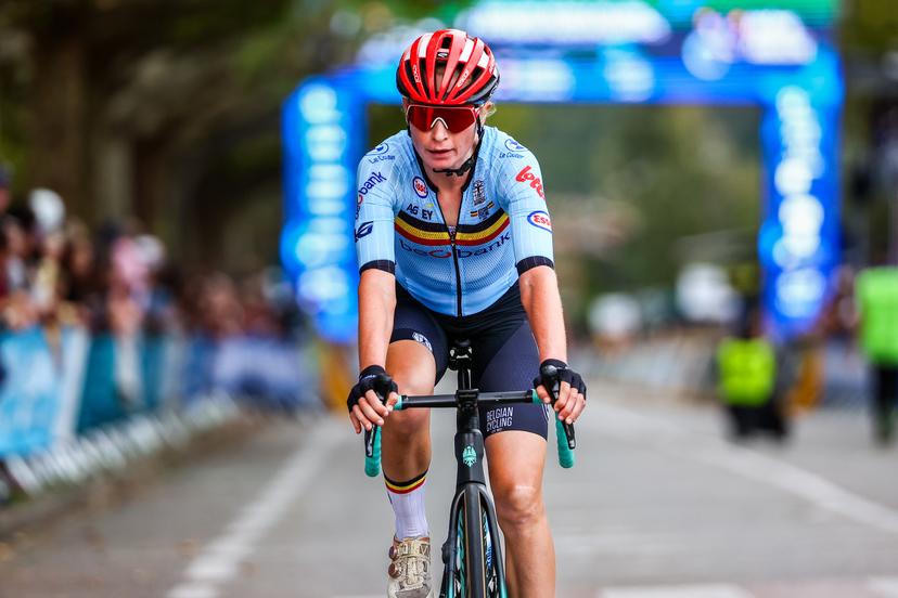 Belgium Lotte Claes crosses the finish line of the 116,1 km road race of the Women Elite category at the UEC road European cycling championships, Saturday 04 October 2025, in Loriol-sur-Drome, France. The European cycling championships Drome-Ardeche takes place from 1 to 5 October. BELGA PHOTO DAVID PINTENS