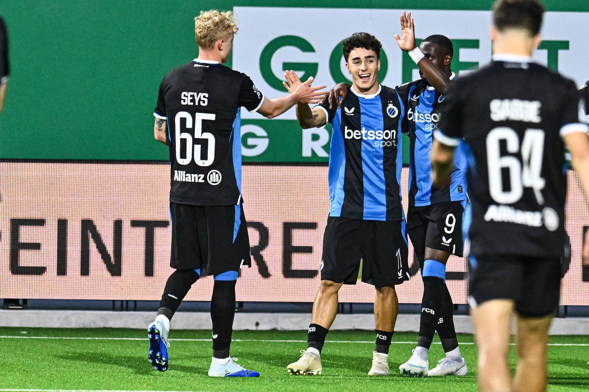 Club's Jan Virgili and Club's Carlos Forbs Club's players celebrate after scoring during a soccer match between RAAL La Louviere and Club Brugge, Saturday 10 October 2026 in La Louviere, on day 8 of the 2026-2027 'Jupiler Pro League' first division of the Belgian championship. BELGA PHOTO EMILE WINDAL