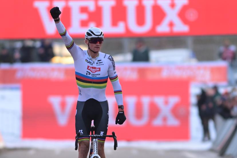 Dutch Mathieu Van Der Poel celebrates on the finish line as he wins the men's elite race at the World Cup cyclocross cycling event in Zonhoven on Sunday 04 January 2026, stage 9 (out of 12) of the UCI World Cup competition. BELGA PHOTO DAVID PINTENS