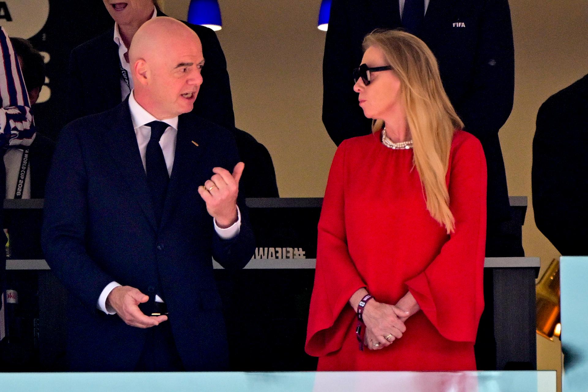 FIFA President Gianni Infantino and RBFA chairwoman Pascale Van Damme pictured during a soccer game between the USA and Belgian national team Red Devils, on Monday 06 July 2026, at the Seattle Field, in Seattle, a 1/8 finals game in the FIFA World Cup 2026. BELGA PHOTO DIRK WAEM