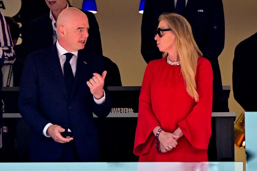 FIFA President Gianni Infantino and RBFA chairwoman Pascale Van Damme pictured during a soccer game between the USA and Belgian national team Red Devils, on Monday 06 July 2026, at the Seattle Field, in Seattle, a 1/8 finals game in the FIFA World Cup 2026. BELGA PHOTO DIRK WAEM