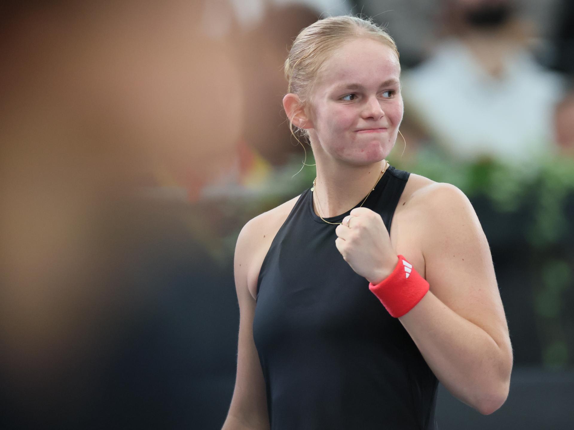 Belgian Jeline Vandromme reacts during the first game between Belgian Vandromme and German Friedsam in the Billie Jean King Cup Play-offs, between Belgium and Germany, on Sunday 16 November 2025 in Ismaning, Germany. PHOTO BENOIT DOPPAGNE