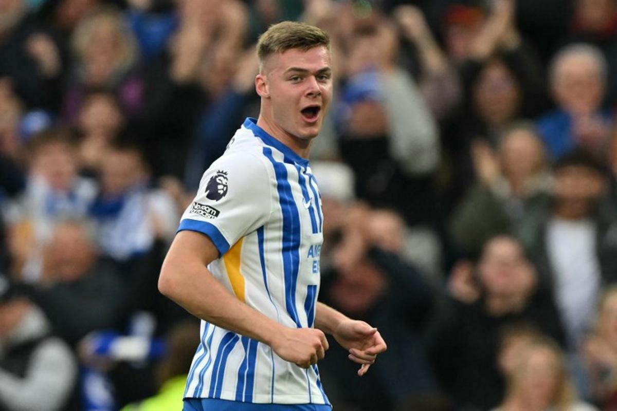 Brighton's Irish striker #28 Evan Ferguson celebrates after scoring their second goal during the English Premier League football match between Brighton and Hove Albion and Wolverhampton Wanderers at the American Express Community Stadium in Brighton, southern England, on October 26, 2024.  Glyn KIRK / AFP