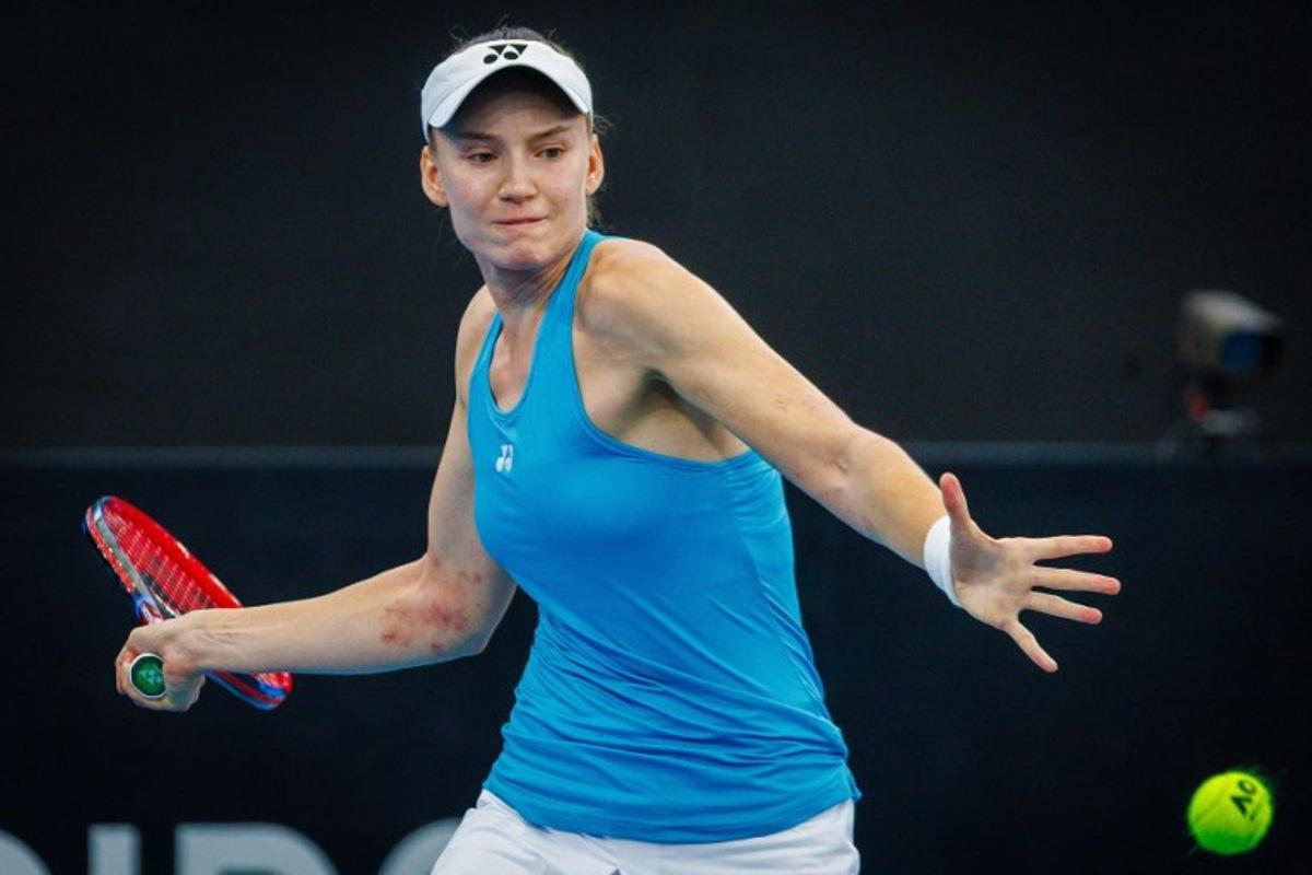 Kazakhstan's Elena Rybakina hits a return against Colombia's Yuliana Lizarazo during their women's singles match at the Billie Jean King Cup in Brisbane on April 11, 2025.  Patrick HAMILTON / AFP