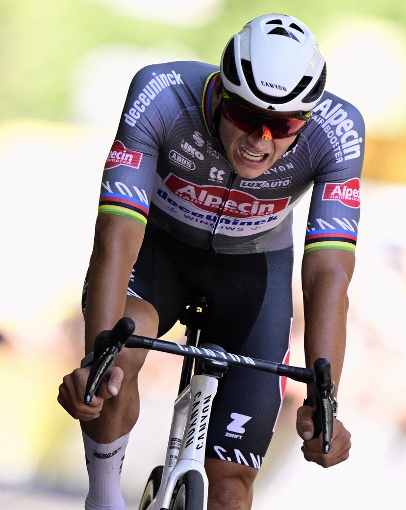 Dutch Mathieu van der Poel of Alpecin-Deceuninck crosses the finish line of stage 11 of the 2025 Tour de France cycling, from and to Toulouse (154km), on Wednesday 16 July 2025 in France. The 112th edition of the Tour de France starts on Saturday 5 July in Lille, France, and will finish in Paris, France on the 27th of July.   BELGA PHOTO DIRK WAEM