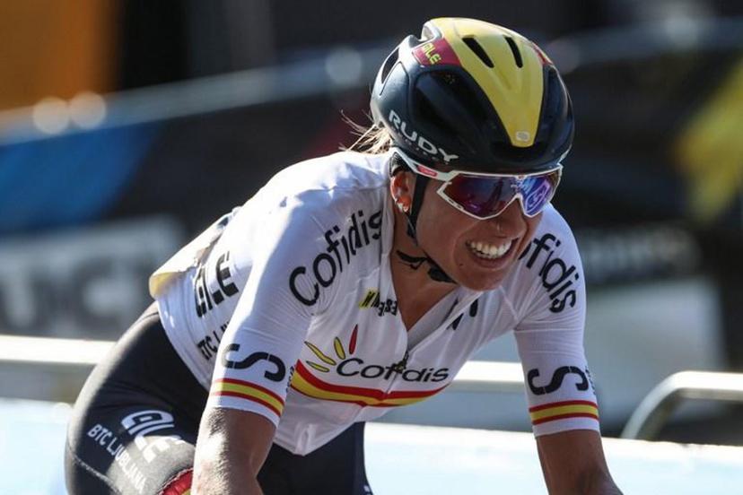 Spain's Margarita Victoria Garcia Canellas competes in the lead during the women's elite cycling road race, 157,7km from Antwerp to Leuven, on the seventh day of the Flanders 2021 UCI Road World Championships, on September 25, 2021, in Leuven.  KENZO TRIBOUILLARD / AFP