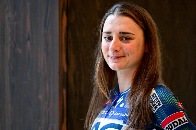 Italian Letizia Borghesi poses for the photographer at the presentation of the AG Insurance-Soudal women's team, on Tuesday 24 February 2026, in Brussels. BELGA PHOTO DIRK WAEM