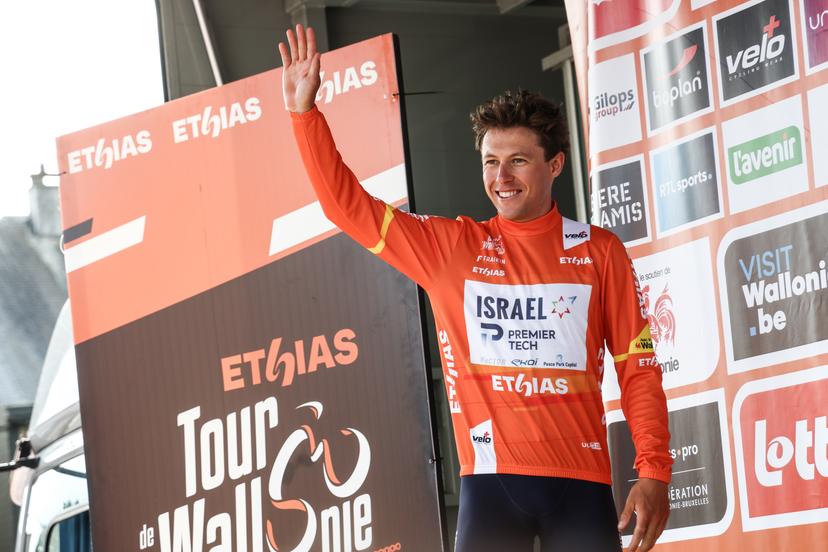 New Zealander Corbin John Strong of Israel-Premier Tech pictured on the podium after the fifth and final stage of the Tour De Wallonie cycling race, from and back of Bertrix (183,3 km), on Wednesday 30 July 2025. BELGA PHOTO BRUNO FAHY