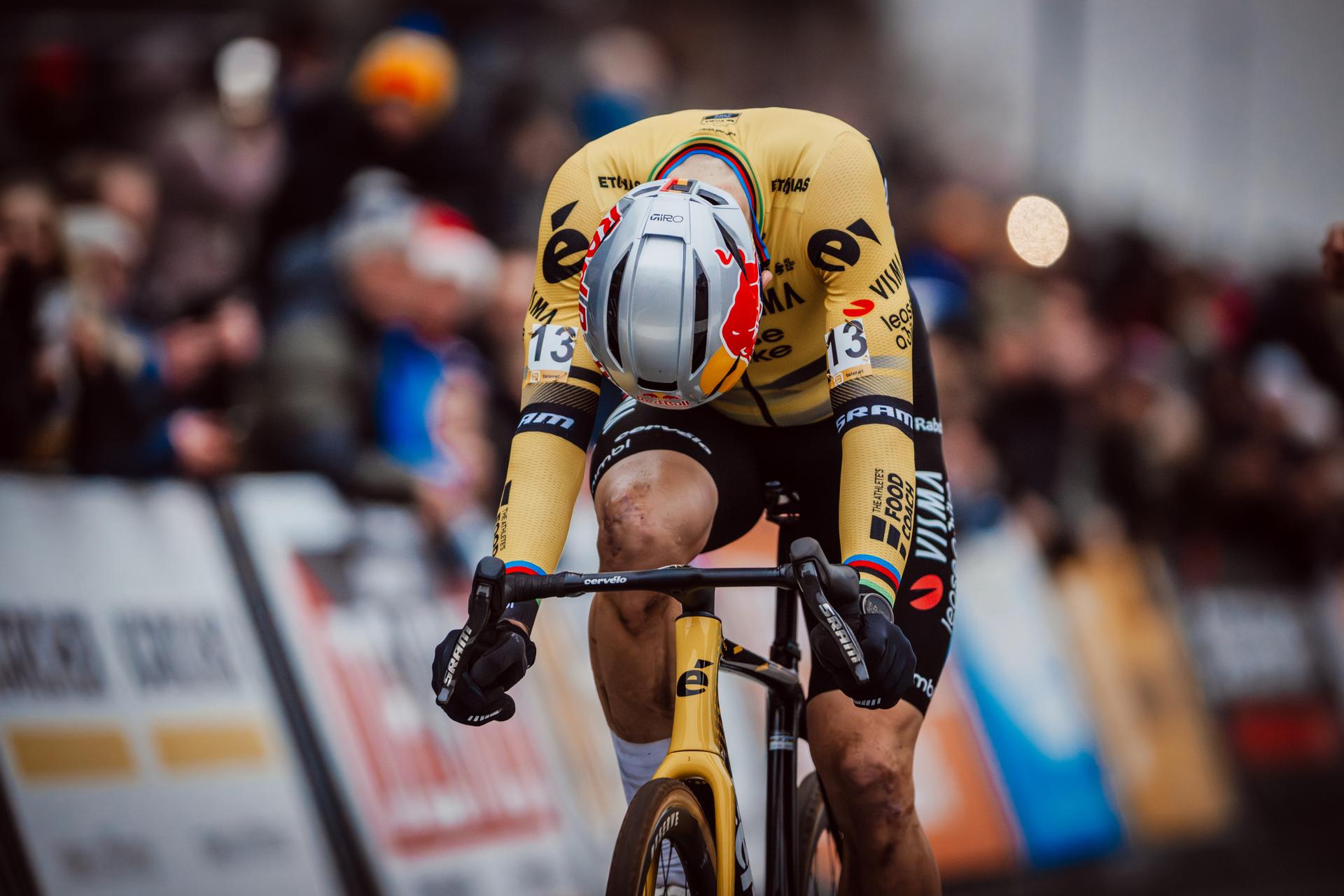 Belgian Wout van Aert crosses the finish line at the men elite race at the cyclocross cycling event in Heusden-Zolder, stage 5/8 in the Superprestige competition, Tuesday 23 December 2025. BELGA PHOTO DAVID PINTENS