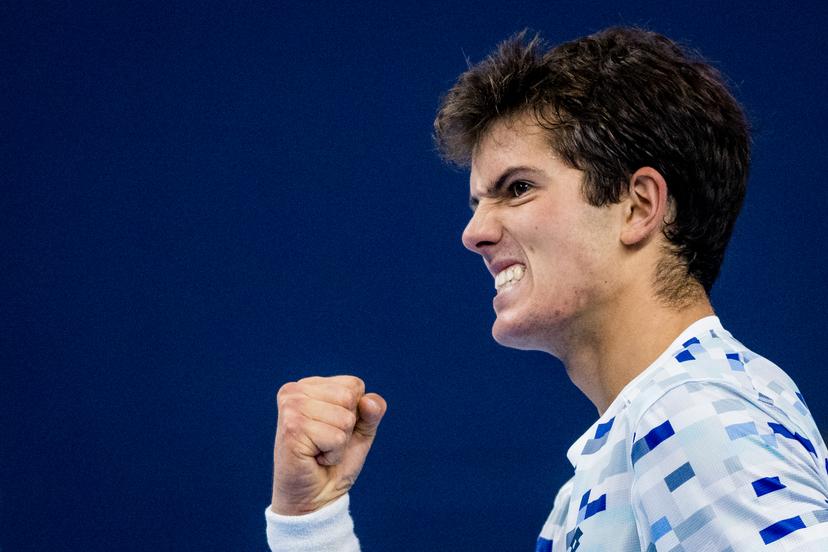 Belgian Gilles-Arnaud Bailly celebrate after winning a tennis match in the qualification phase for the ATP European Open Tennis tournament in Antwerp, Monday 14 October 2024. BELGA PHOTO JASPER JACOBS