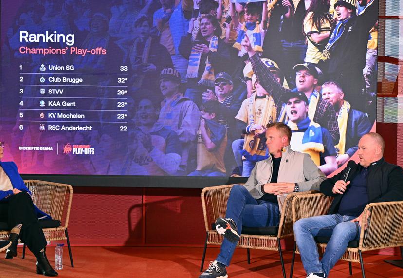 KV Mechelen Trainer Fred Vanderbiest and STVV's head coach Wouter Vrancken pictured during the presentation of the Pro League play-off calendar for the Jupiler Pro League and the Lotto Super League, Monday 23 March 2026, in Diegem. BELGA PHOTO ERIC LALMAND