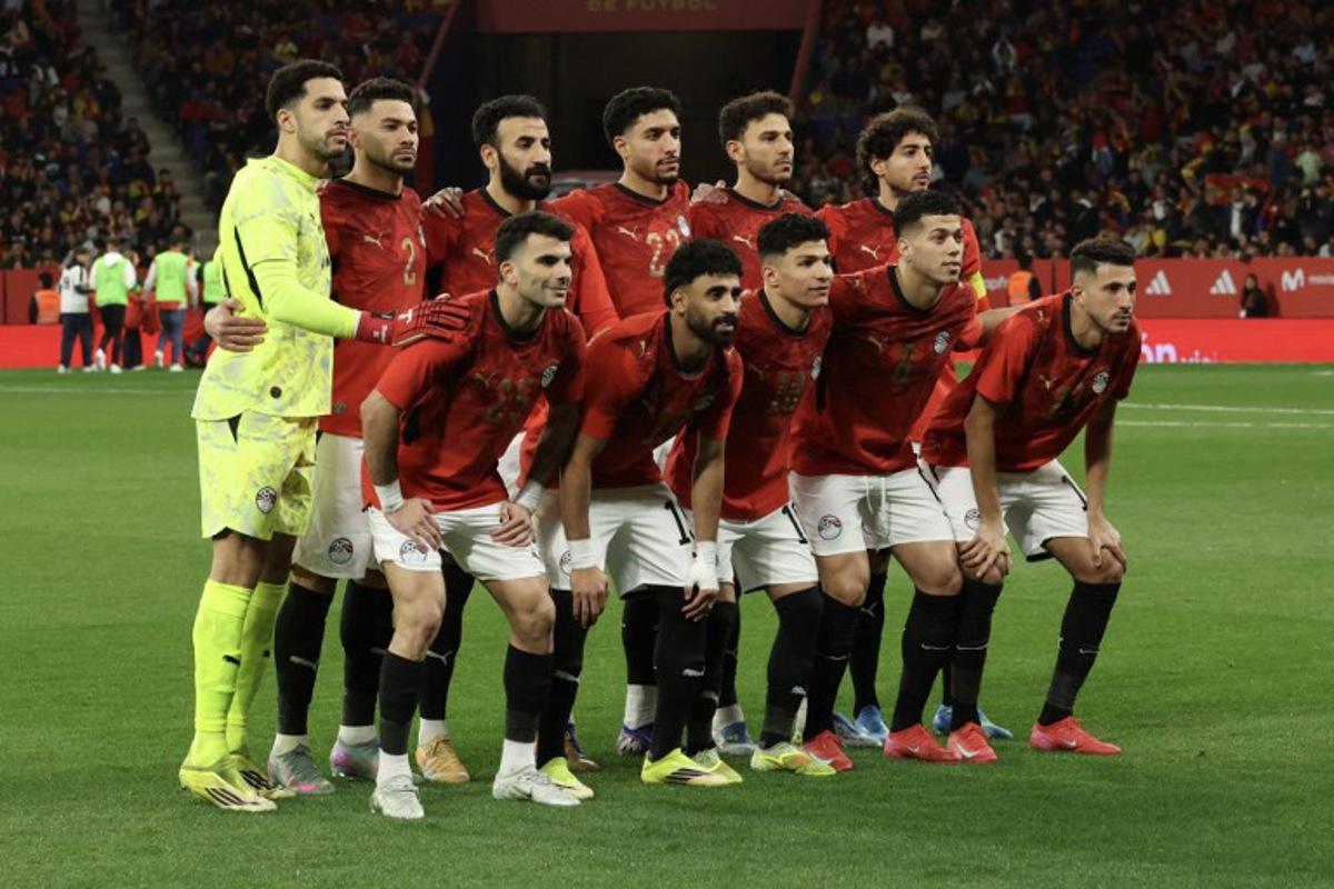 Egypt's players line up before the international friendly football match between Spain and Egypt at RCDE Stadium in Cornella de Llobregat, near Barcelona, on March 31, 2026.  Lluis GENE / AFP