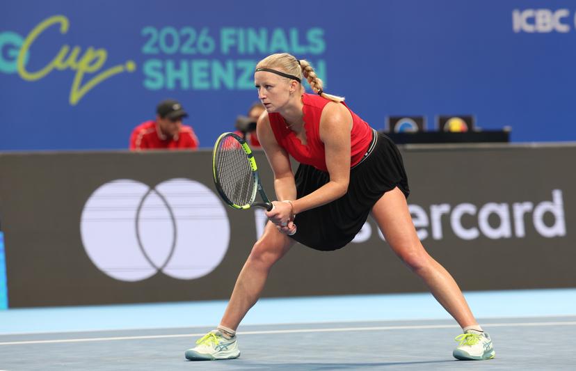 Belgian Lara Salden pictured in action during a doubles tennis match between Ukrainian pair Kalinina/Kichenok and Belgian pair Kempen/Salden, the third rubber in the tie between Belgium and Ukraine in the Quarter Finals of the Billie King Cup tournament, on Thursday 24 September 2026 in Shenzhen, China. BELGA PHOTO VIRGINIE LEFOUR