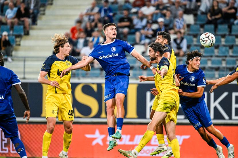Gent's Maksim Paskotsi scores a goal during a soccer match between KAA Gent and Royale Union Saint-Gilloise, Saturday 09 August 2025 in Gent, on day 3 of the 2025-2026 'Jupiler Pro League' first division of the Belgian championship. BELGA PHOTO TOM GOYVAERTS