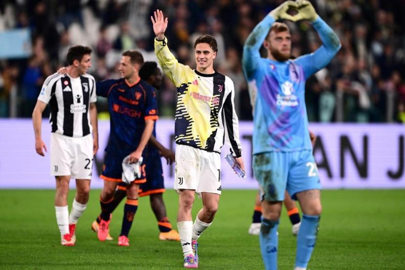 Juventus' Turkish midfielder #10 Kenan Yildiz (C) acknowledges the crowd as he celebrates his team's victory at the end of the Italian Serie A football match between Juventus and Lecce at the "Allianz Stadium" in Turin, on April 12, 2025. Juventus' Italian midfielder #05 Manuel Locatelli (C), Juventus' Italian goalkeeper #23 Carlo Pinsoglio (L) celebrate at the end of the Italian Serie A football match between Juventus and Lecce at the "Allianz Stadium" in Turin, on April 12, 2025.  MARCO BERTORELLO / AFP