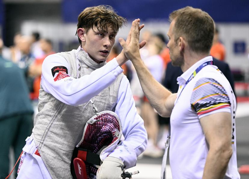 Fencing Athlete Oscar Geudvert and Fencing Coach Marc Pichon pictured during a fight in the men's foil competition, at the European Games in Krakow, Poland on Monday 26 June 2023. The 3rd European Games, informally known as Krakow-Malopolska 2023, is a scheduled international sporting event that will be held from 21 June to 02 July 2023 in Krakow and Malopolska, Poland. BELGA PHOTO LAURIE DIEFFEMBACQ