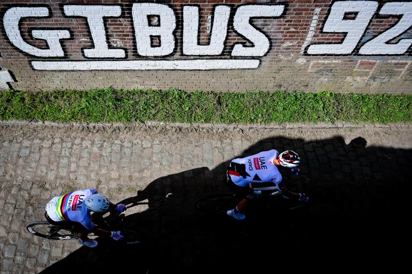Slovenian Tadej Pogacar of UAE Team Emirates-XRG pictured in action during the reconnaissance of the track ahead of this year's Paris-Roubaix cycling race, Thursday 09 April 2026, around Roubaix, France. The 123rd edition of Paris-Roubaix cycling races will take on Sunday, with the women riding 143,1 km the men riding 258,3 km on Sunday. BELGA PHOTO DIRK WAEM