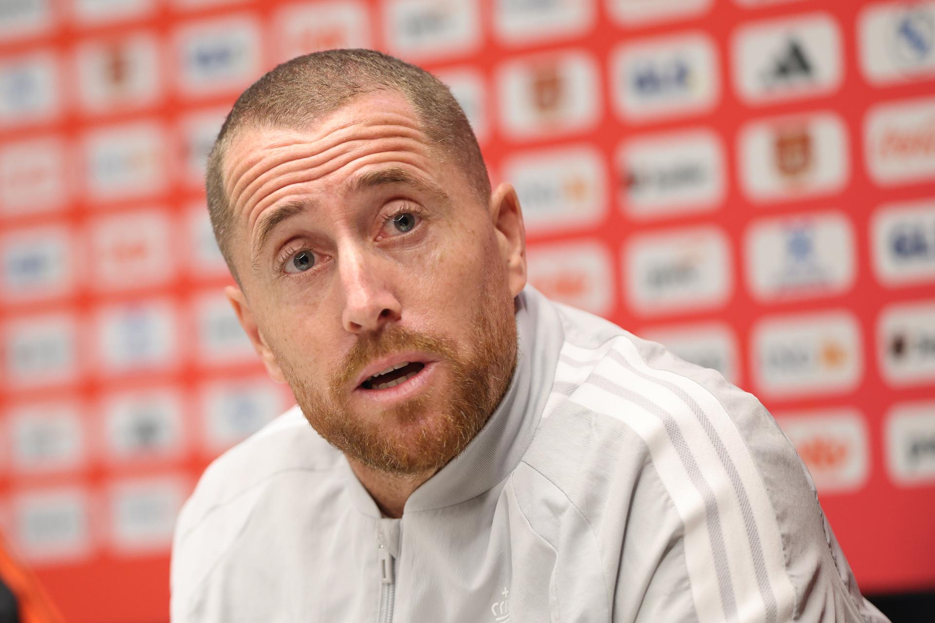 Belgium's U21 head coach Gil Swerts pictured during a press conference of the Red Devils U21 youth team, the Belgian youth national soccer team, at the national training center in Tubize, Wednesday 23 September 2026. The team is preparing for fixtures in the Euro 2027 qualifiers games. BELGA PHOTO BRUNO FAHY
