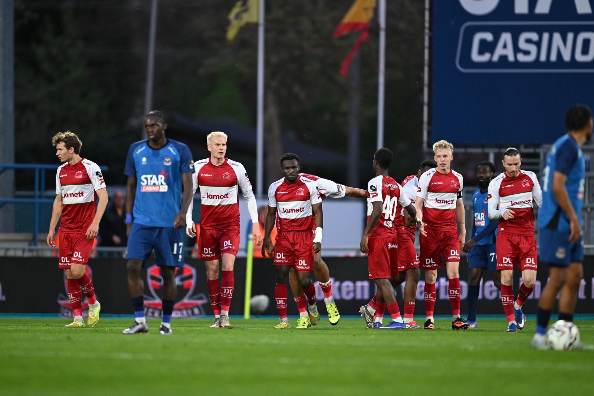 Essevee's Joseph Opoku celebrates after scoring during a soccer match between FCV Dender EH and SV Zulte Waregem, Sunday 12 April 2026 in Denderleeuw, on the second day of the Relegation Play-offs of the 2025-2026 'Jupiler Pro League' first division of the Belgian championship. BELGA PHOTO JOHN THYS
