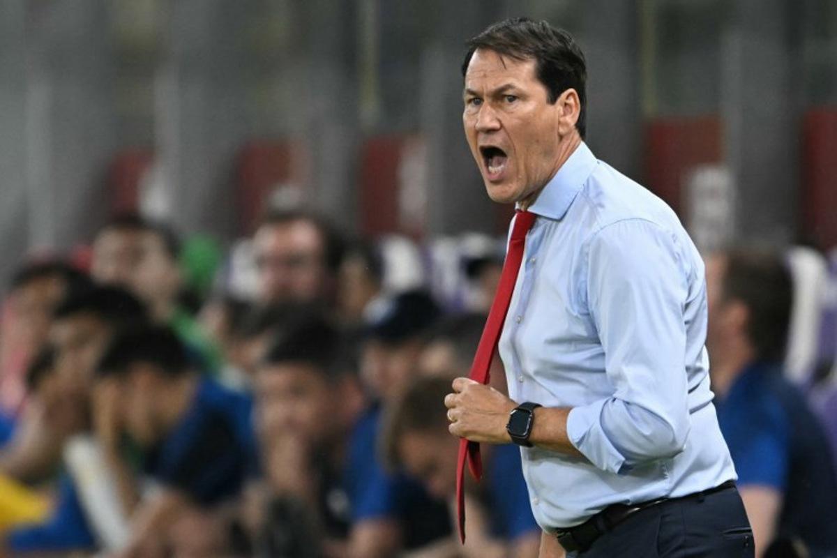 Belgium's French head coach Rudi Garcia reacts during the FIFA World cup 2026 1st round day 6, Group J qualification football match between Belgium and Kazakhstan, at the Lotto Park stadium in Anderlecht, Brussels Capital Region, on September 7, 2025.  NICOLAS TUCAT / AFP