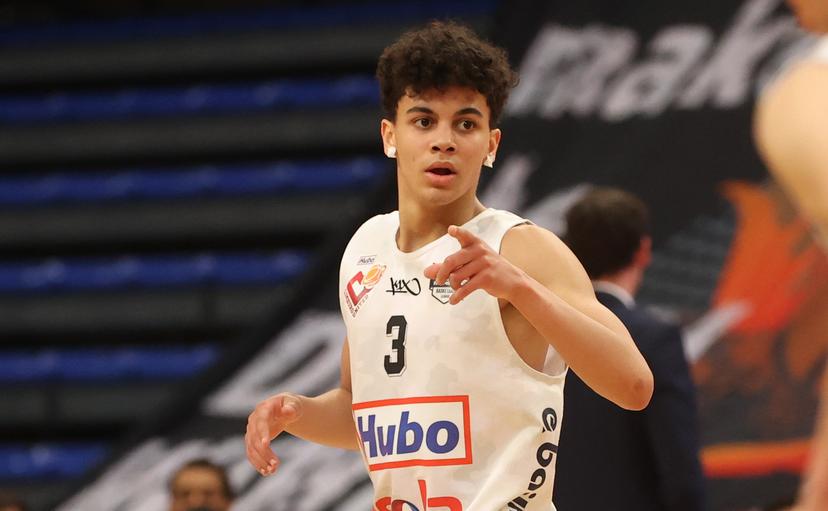 Limburg's Ajay Mitchell celebrates after scoring during the basketball match between Limburg United and Spirou Charleroi, Friday 30 April 2021 in Hasselt, a game of day 14 in the second phase of the 'EuroMillions League' Belgian first division basket championships. BELGA PHOTO VIRGINIE LEFOUR
