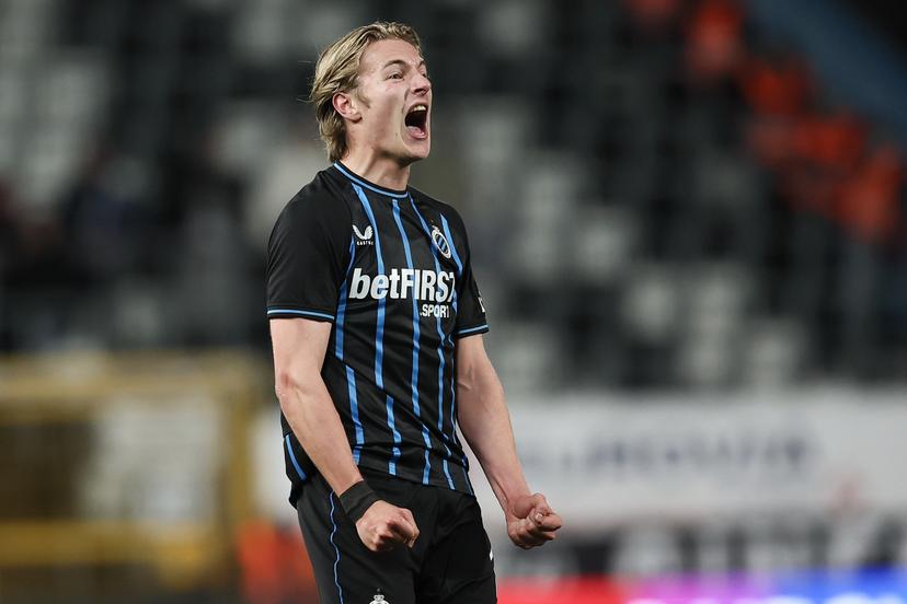 Club's Romeo Vermant celebrates during a soccer match between Sporting Charleroi and Club Brugge KV, Sunday 01 March 2026 in Charleroi, on day 27 of the 2025-2026 'Jupiler Pro League' first division of the Belgian championship. BELGA PHOTO BRUNO FAHY